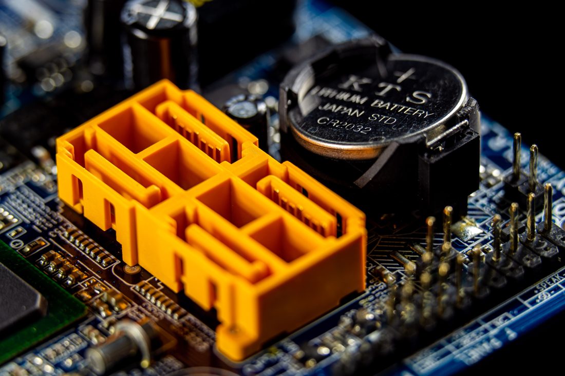 Close-up stock photograph of a circuit board with electronic components and connectors